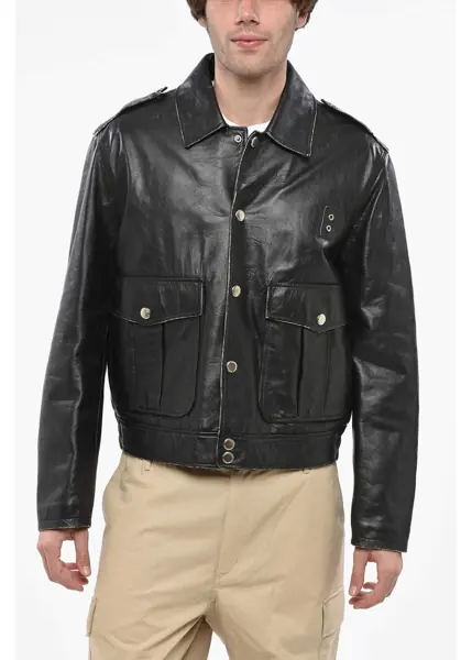 Geci de piele DSQUARED2 Leather Aviator Leather Jacket With Snap Buttons And Patch P Black Barbati (BM 19248320) 1
