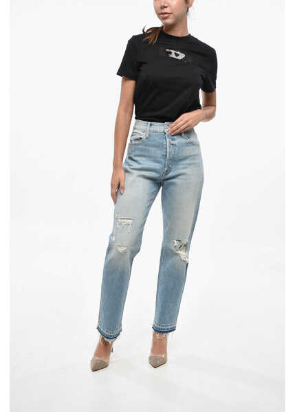 Blugi drepti MOTHER Distressed The Ditcher Roller Sneak Jeans With Logo Button 1 Blue Femei (BM 19248554) 3