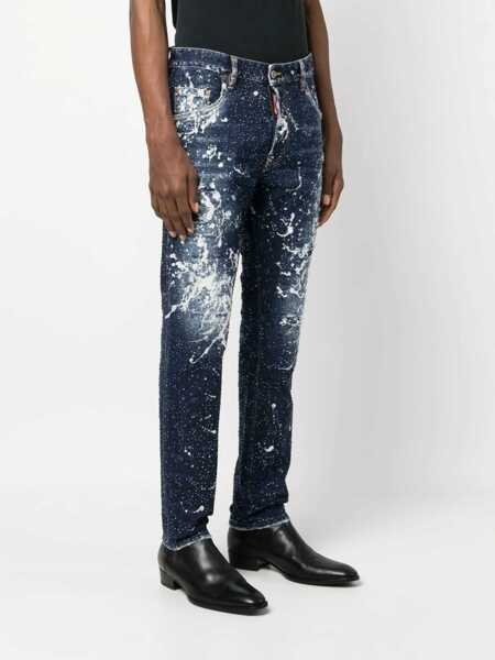 Blugi slim fit DSQUARED2 Bleached Effect Skater Jeans With All-Over Rhinestones 17Cm Blue Barbati (BM 19248731) 3
