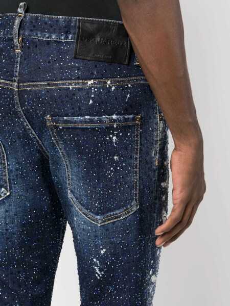 Blugi slim fit DSQUARED2 Bleached Effect Skater Jeans With All-Over Rhinestones 17Cm Blue Barbati (BM 19248731) 5