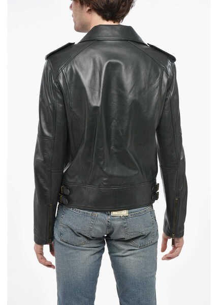 Geci biker DSQUARED2 Leather Biker Jacket With Logoed Buttons Black Barbati (BM 19248875) 2