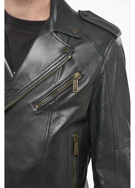 Geci biker DSQUARED2 Leather Biker Jacket With Logoed Buttons Black Barbati (BM 19248875) 3