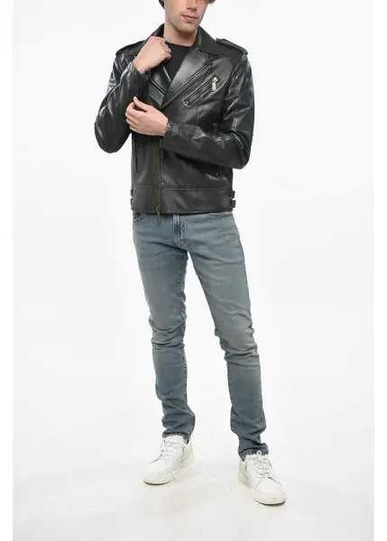 Geci biker DSQUARED2 Leather Biker Jacket With Logoed Buttons Black Barbati (BM 19248875) 4