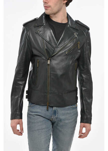 Geci biker DSQUARED2 Leather Biker Jacket With Logoed Buttons Black Barbati (BM 19248875) 1