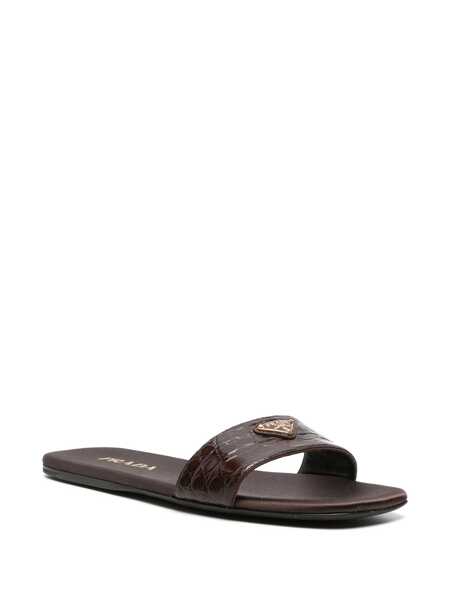 Sandale Prada Prada Triangle-Logo Embossed-Crocodile Slides Brown Femei (BM 19249761) 2