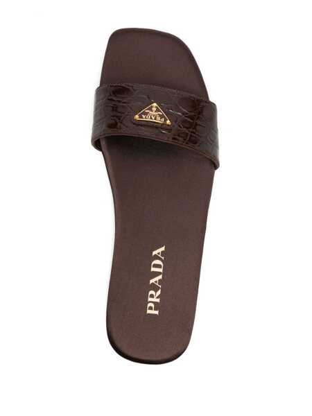 Sandale Prada Prada Triangle-Logo Embossed-Crocodile Slides Brown Femei (BM 19249761) 4