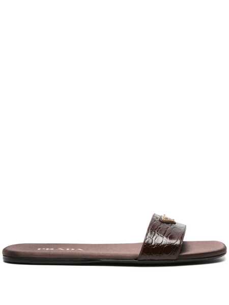 Sandale Prada Prada Triangle-Logo Embossed-Crocodile Slides Brown Femei (BM 19249761) 1
