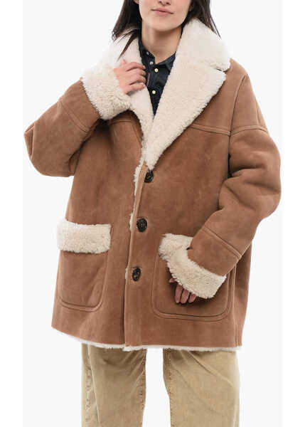 Paltoane DSQUARED2 3-Button Shearling Coat With Patch Pockets Brown Femei (BM 19269605) 2