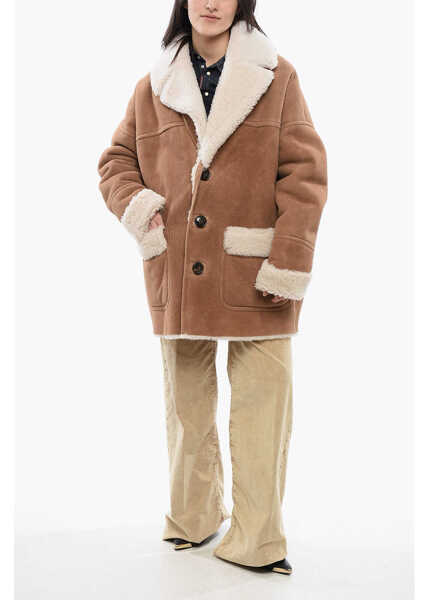 Paltoane DSQUARED2 3-Button Shearling Coat With Patch Pockets Brown Femei (BM 19269605) 3
