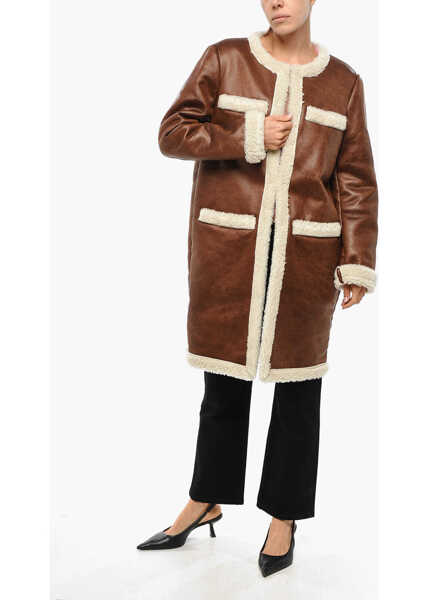 Paltoane DSQUARED2 Eco-Shearling Coat With Patch Pockets Brown Femei (BM 19269734) 4