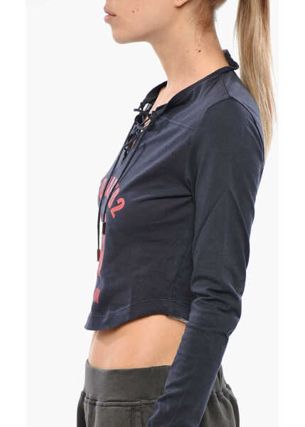 Tricouri DSQUARED2 Cotton Cropped Fit T-Shirt With Lace-Up Detail Blue Femei (BM 19269851) 2