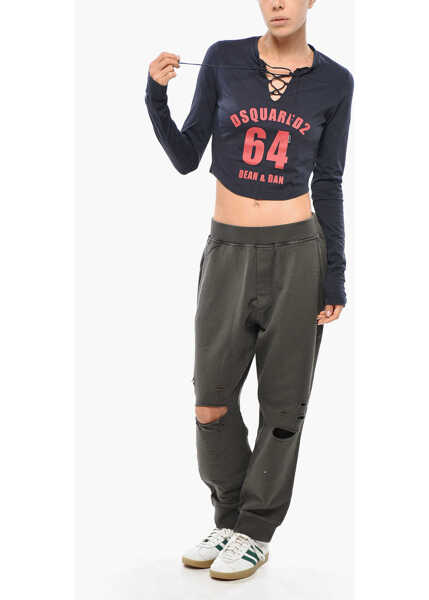 Tricouri DSQUARED2 Cotton Cropped Fit T-Shirt With Lace-Up Detail Blue Femei (BM 19269851) 4