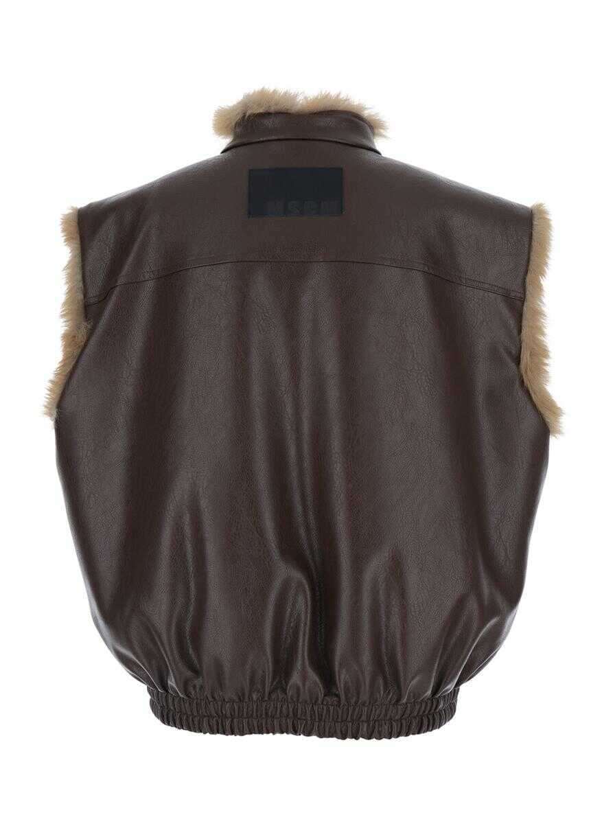 Geci MSGM Reversible Sleeveless Jacket With Logo Patch On The Rear In Ecofur And Ecoleather Woman BROWN Femei (BM 19273557) 2