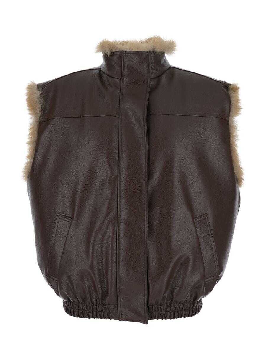 Geci MSGM Reversible Sleeveless Jacket With Logo Patch On The Rear In Ecofur And Ecoleather Woman BROWN Femei (BM 19273557) 1