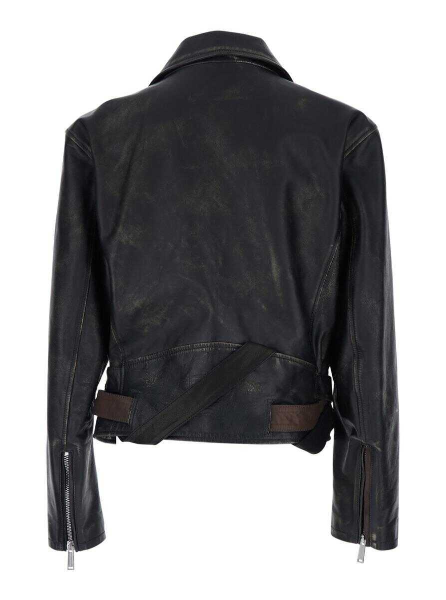 Geci biker DSQUARED2 D2 X Magliano Black Biker Jacket With Wide Classic Lapels And Logoed Belt At The Waist In Leather Man Black Barbati (BM 19276677) 2