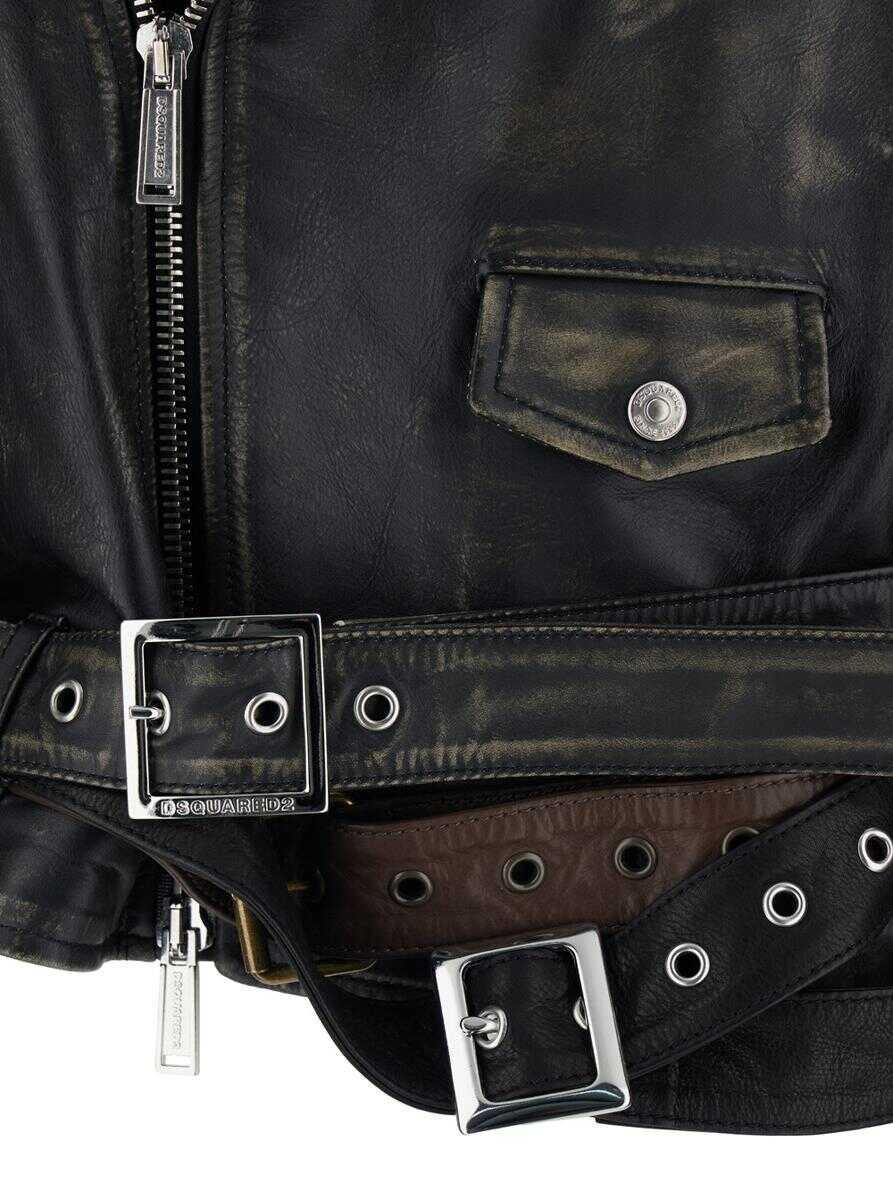 Geci biker DSQUARED2 D2 X Magliano Black Biker Jacket With Wide Classic Lapels And Logoed Belt At The Waist In Leather Man Black Barbati (BM 19276677) 3