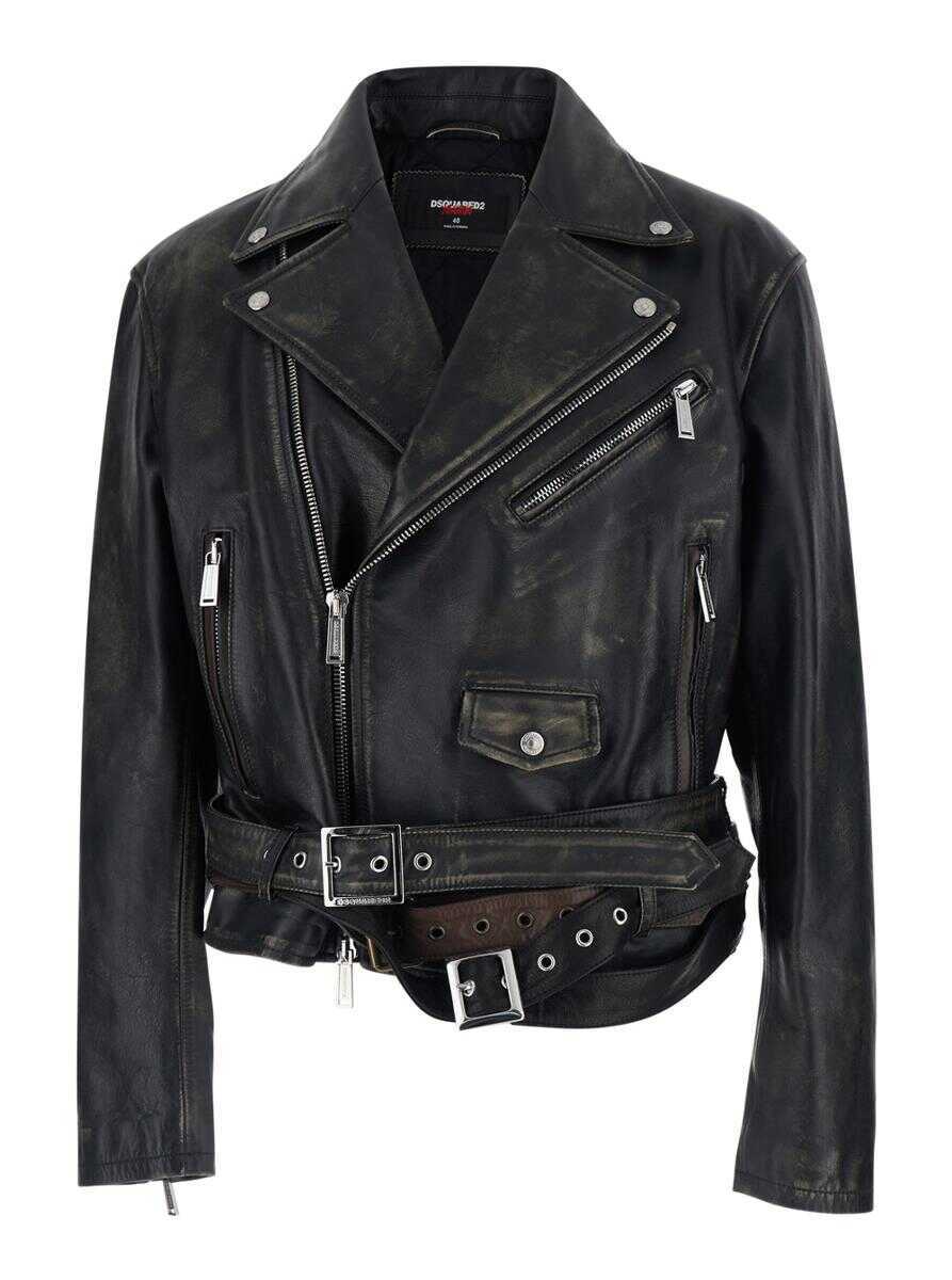 Geci biker DSQUARED2 D2 X Magliano Black Biker Jacket With Wide Classic Lapels And Logoed Belt At The Waist In Leather Man Black Barbati (BM 19276677) 1