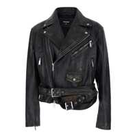 Geci biker 'D2 X Magliano' Black Biker Jacket With Wide Classic Lapels And Logoed Belt At The Waist In Leather Man Barbati