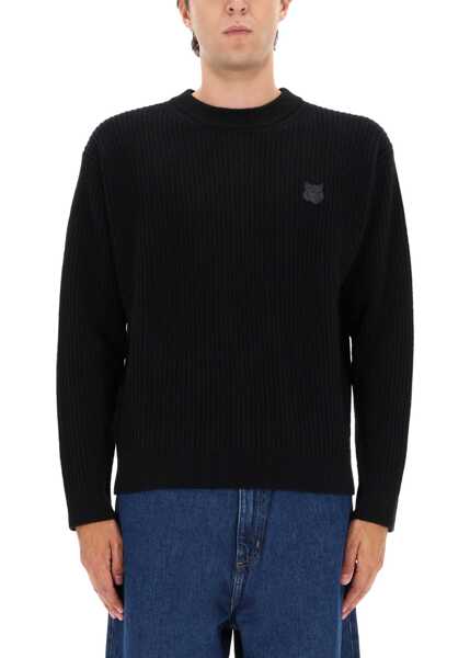 Pulovere casual MAISON KITSUN Ribbed Knit With Fox Patch BLACK Barbati (BM 19277954) 1