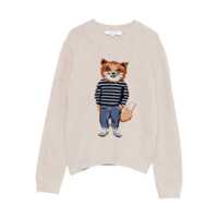 Pulovere Beige Crew Neck Sweater With Ribbed Design And Front Embroidery In Wool Woman Femei