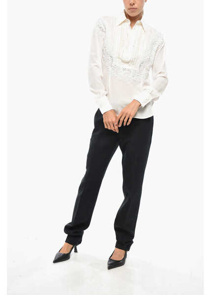 Camasi casual Ermanno Scervino Silk Tuxedo Shirt With Embroidery White Femei (BM 19305536) 4
