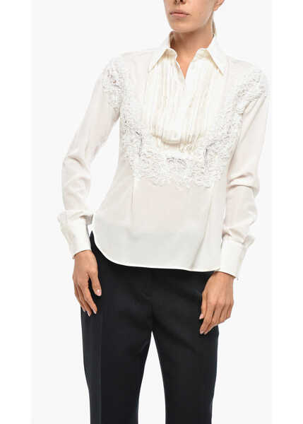 Camasi casual Ermanno Scervino Silk Tuxedo Shirt With Embroidery White Femei (BM 19305536) 1
