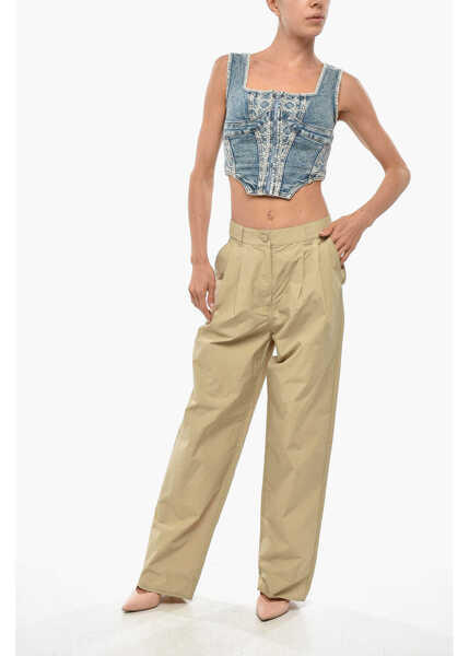 Pantaloni casual SAKS POTTS Nylon Double Pleat Lele Pants With Ton On Ton Button Beige Femei (BM 19306235) 4