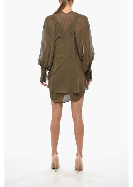 Rochii scurte SA SU PHI Tie Neck Andrea Silk Chiffon Shirt Dress Military Green Femei (BM 19306310) 3