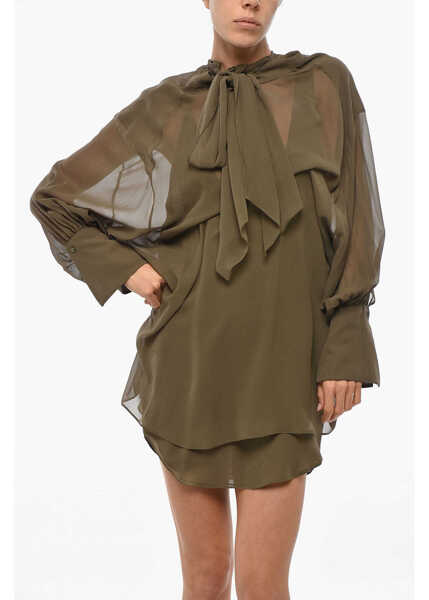 Rochii scurte SA SU PHI Tie Neck Andrea Silk Chiffon Shirt Dress Military Green Femei (BM 19306310) 4