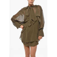 Rochii scurte SA SU PHI Dama - Rochii scurte SA SU PHI Tie Neck Andrea Silk Chiffon Shirt Dress Military Green Femei (BM 19306310) - B-mall.ro