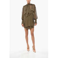 Rochii scurte Tie Neck Andrea Silk Chiffon Shirt Dress Femei