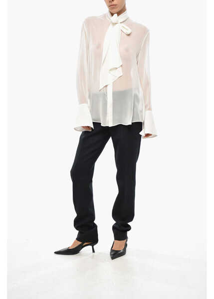 Bluze SA SU PHI Tie Neck Georgette Silk Chiffon Blouse White Femei (BM 19306313) 4