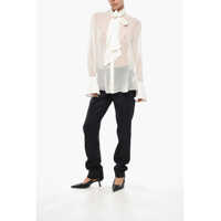 Bluze SA SU PHI Dama - Bluze SA SU PHI Tie Neck Georgette Silk Chiffon Blouse White Femei (BM 19306313) - B-mall.ro