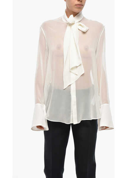 Bluze SA SU PHI Tie Neck Georgette Silk Chiffon Blouse White Femei (BM 19306313) 1