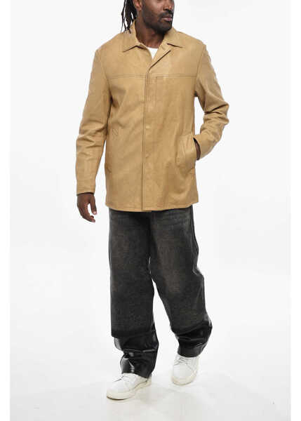 Geci de piele Diesel Red Tag Leather Nico Jacket With Hidden Buttoning Beige Barbati (BM 19306523) 3