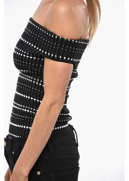 Bluze Alexander McQueen Stretchy Knitted Off-Shoulder Top Black & White Femei (BM 19306760) 2