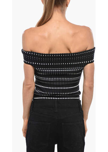 Bluze Alexander McQueen Stretchy Knitted Off-Shoulder Top Black & White Femei (BM 19306760) 3