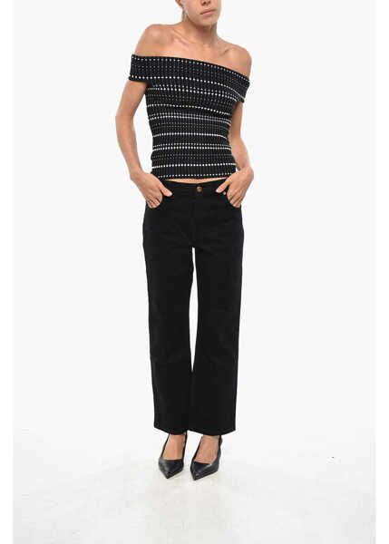 Bluze Alexander McQueen Stretchy Knitted Off-Shoulder Top Black & White Femei (BM 19306760) 4