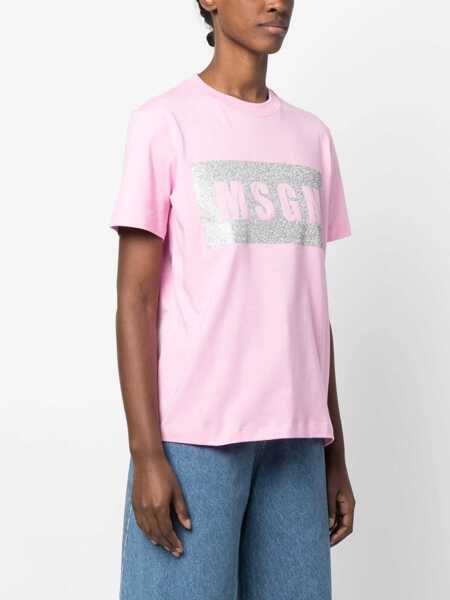 Tricouri MSGM Cotton Crew-Neck T-Shirt With Glitter Logo Pink Femei (BM 19306856) 3
