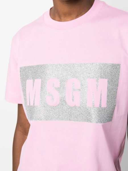 Tricouri MSGM Cotton Crew-Neck T-Shirt With Glitter Logo Pink Femei (BM 19306856) 5
