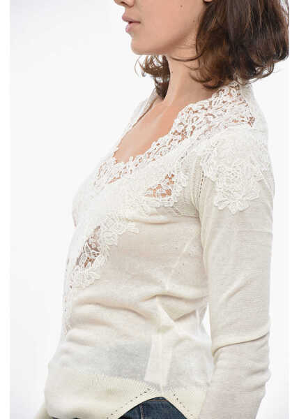 Pulovere Ermanno Scervino Cashmere Blend Sweater With Lace Embellishment White Femei (BM 19307924) 3