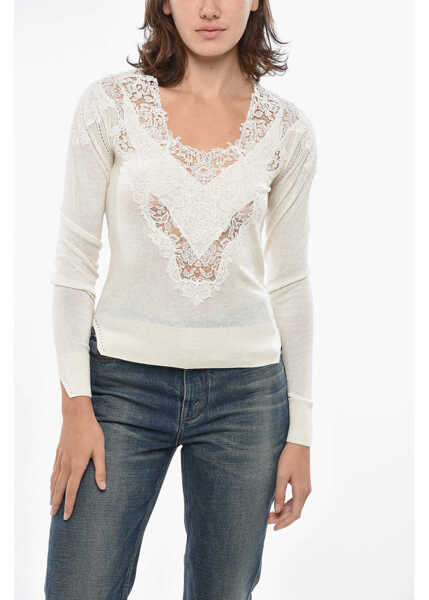 Pulovere Ermanno Scervino Cashmere Blend Sweater With Lace Embellishment White Femei (BM 19307924) 1