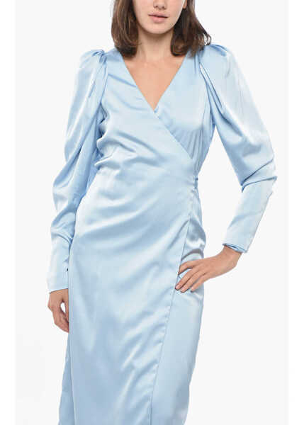 Rochii lungi ROTATE Birger Christensen Satin Wrap Dress With Balloon Sleeves Light Blue Femei (BM 19307927) 4