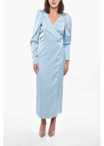 Rochii lungi ROTATE Birger Christensen Satin Wrap Dress With Balloon Sleeves Light Blue Femei (BM 19307927) 1