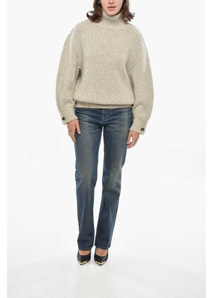 Pulovere casual Bottega Veneta Turtleneck Wool Blend Pullover With Balloon Sleeves Beige Femei (BM 19307981) 4