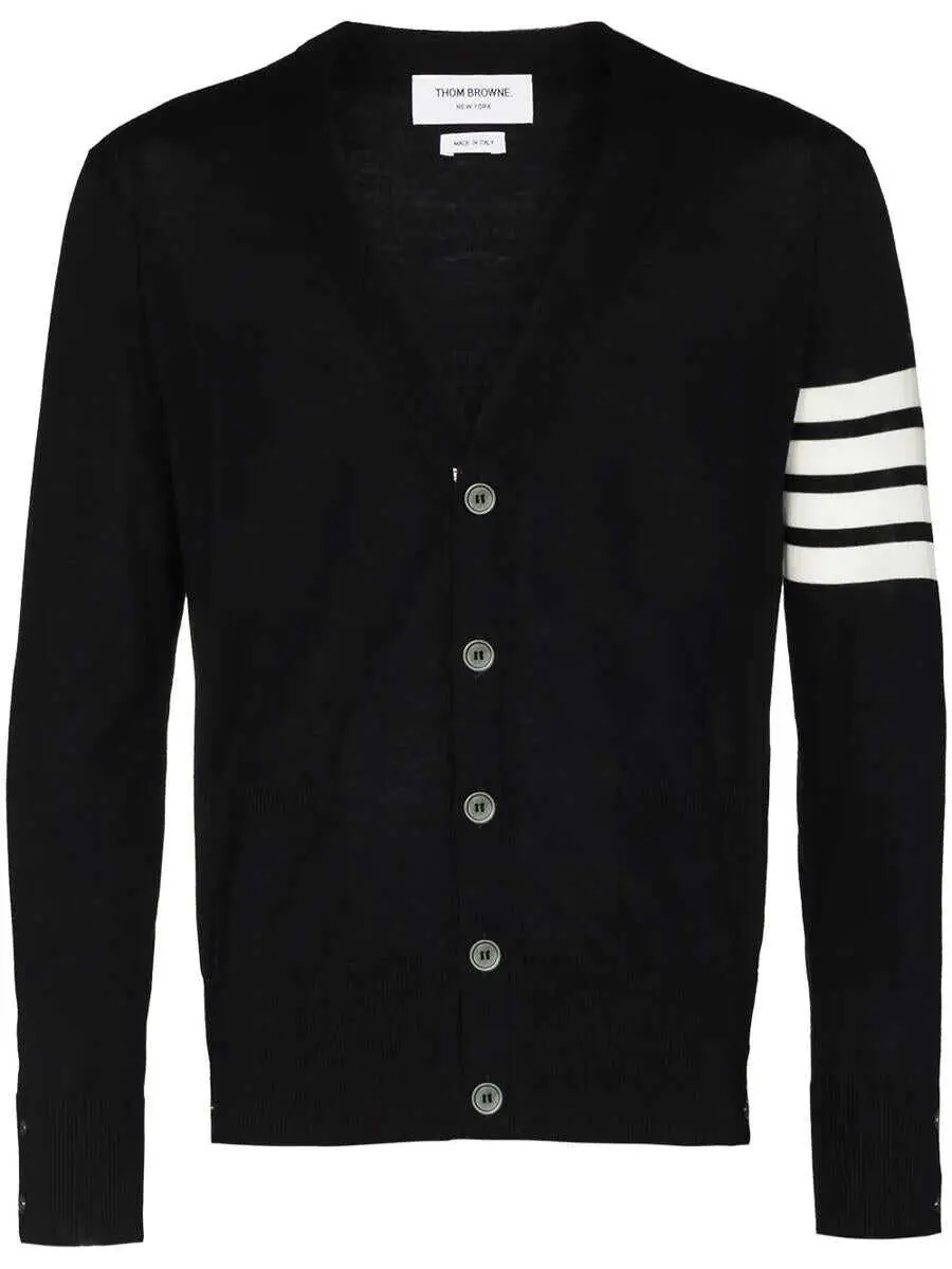 Cardigane Thom Browne Thom Browne Classic V Neck Cardigan In Fine Merino Wool With 4 Bar Stripes Clothing BLUE Barbati (BM 19326906) 1