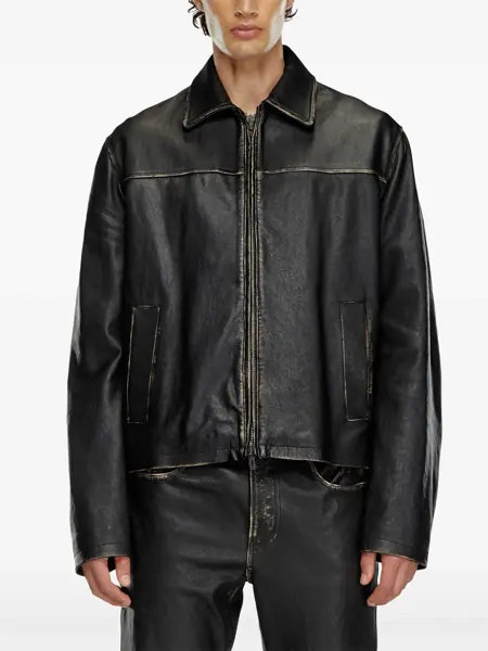 Geci de piele Diesel Red Tag Vintage Effect Blixia Leather Jacket With Front Zip Black Barbati (BM 19328681) 3