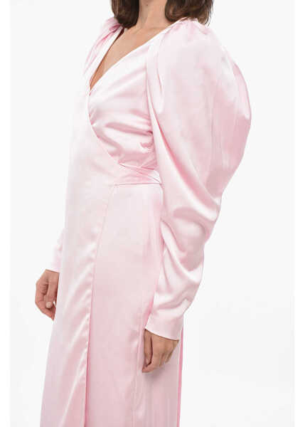 Rochii lungi ROTATE Birger Christensen Satin Wrap Dress With Balloon Sleeves Pink Femei (BM 19328726) 3