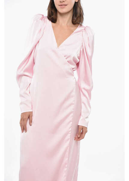 Rochii lungi ROTATE Birger Christensen Satin Wrap Dress With Balloon Sleeves Pink Femei (BM 19328726) 4