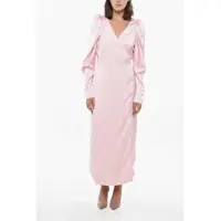 Rochii lungi Satin Wrap Dress With Balloon Sleeves Femei